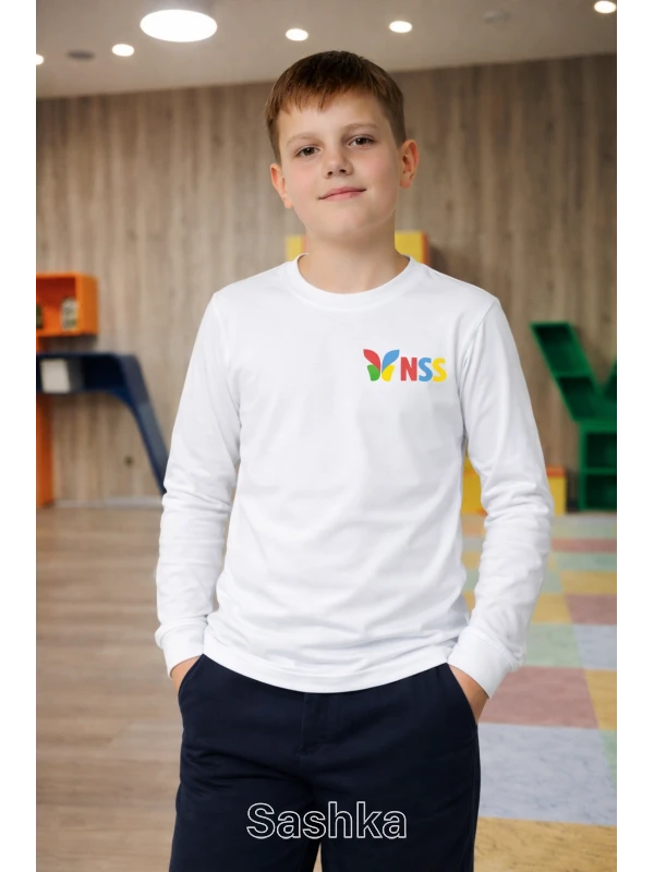 Лонгслів для хлопчика білий з логотипом школи NSS, розмір 116-188